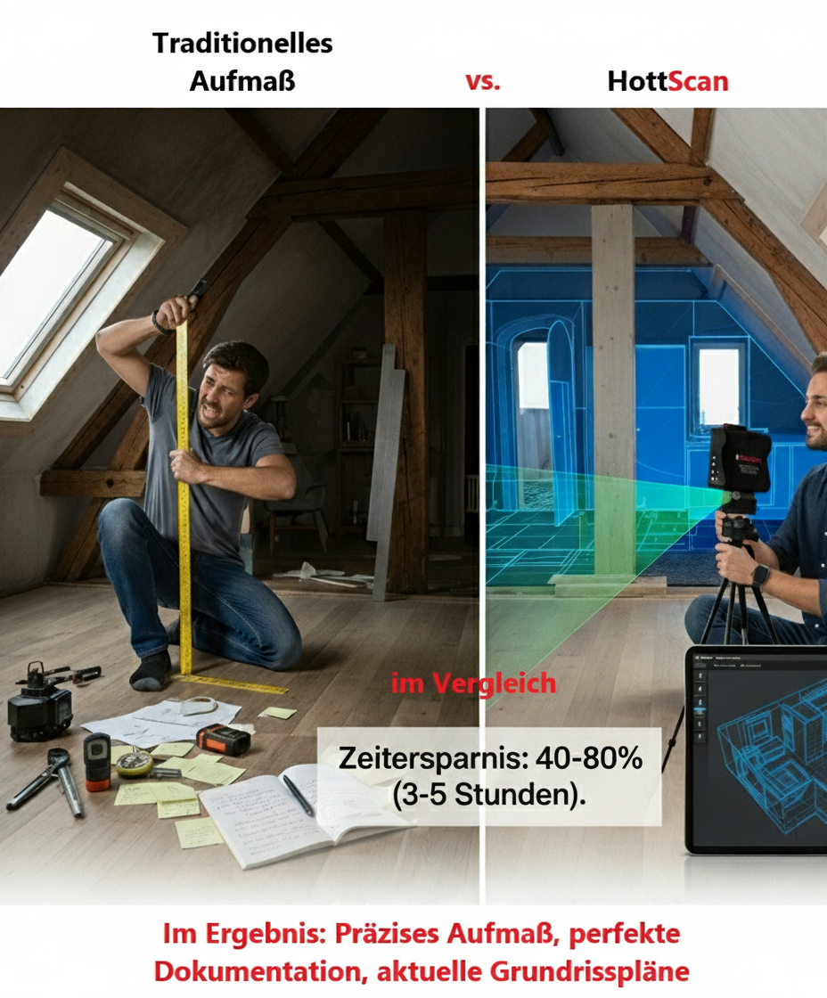 Vergleich zwischen traditionellem Aufmaß mit Zollstock und modernem 3D-Scan mit Hottscan